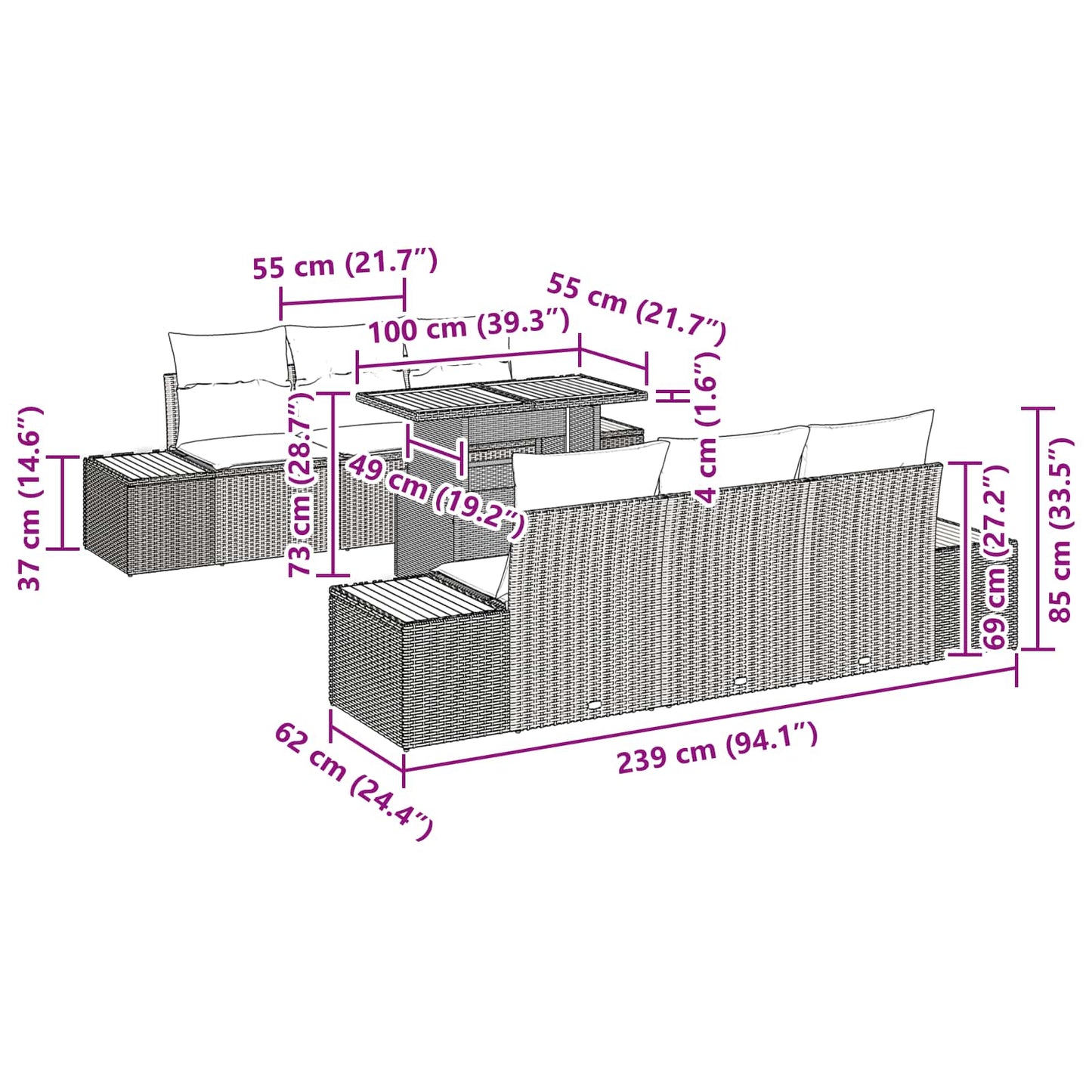 Garten-Sofa-Set 7 stk. Schwarz Poly Rattan