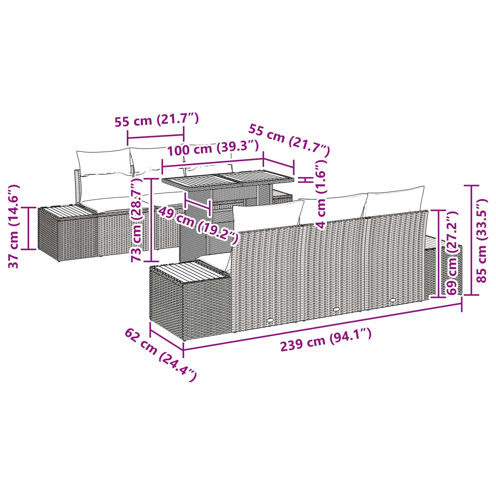 Garten-Sofa-Set 7 stk. Schwarz Poly Rattan