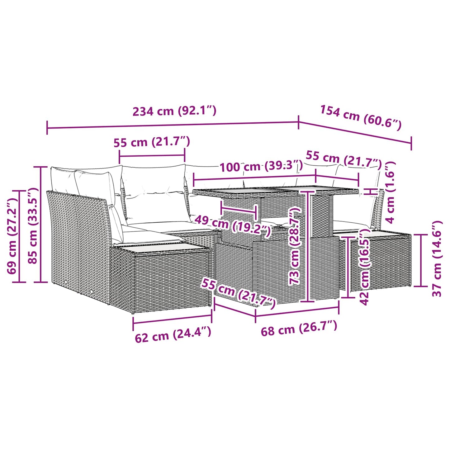 Garten-Sofa-Set 7 stk. Schwarz Poly Rattan