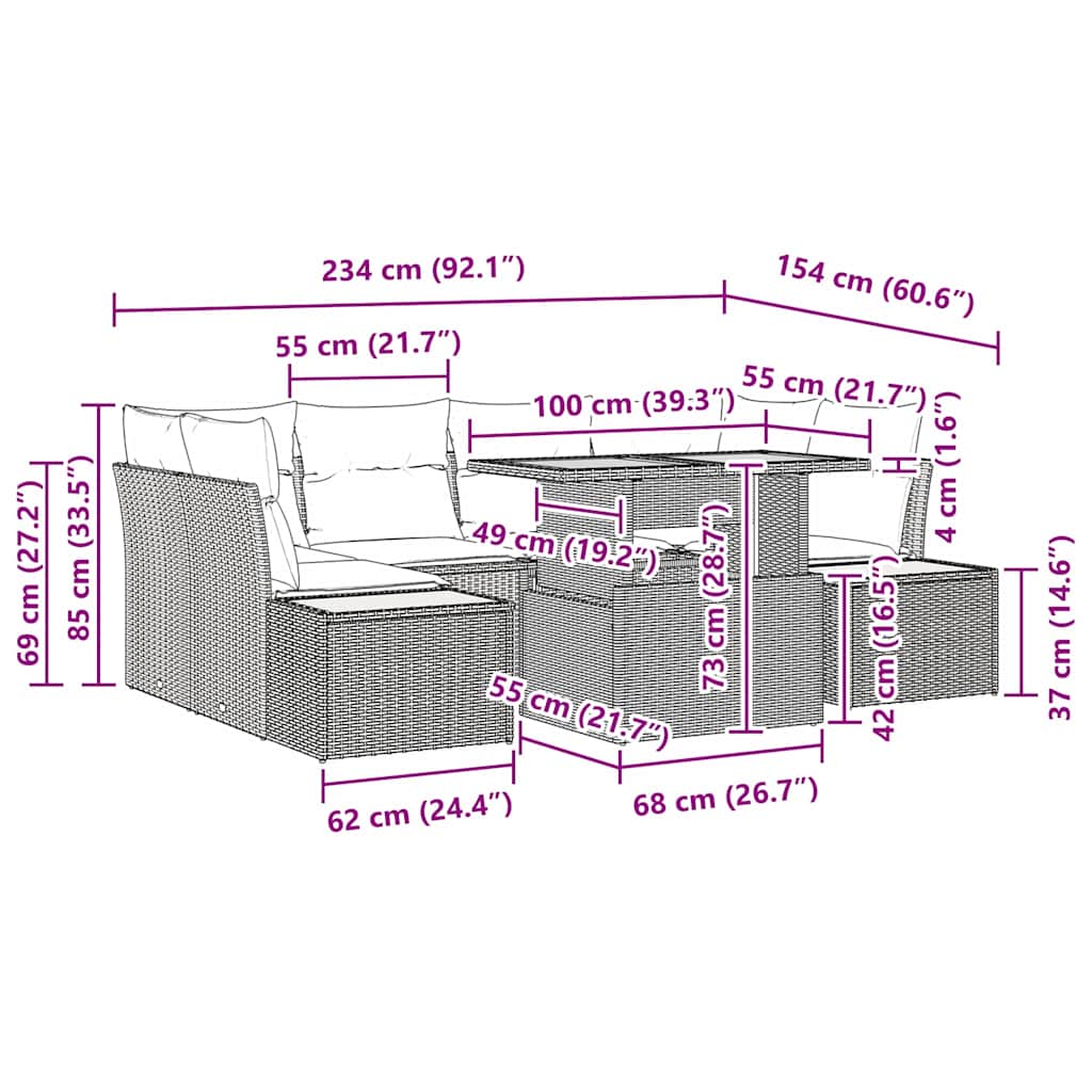 Garten-Sofa-Set mit Speicher 7 pcs Grau Poly Rattan