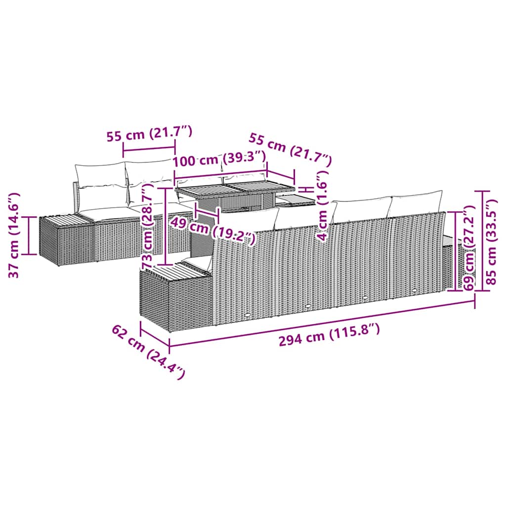 Garten-Sofa-Set mit Speicher 9 pcs Grau Poly Rattan