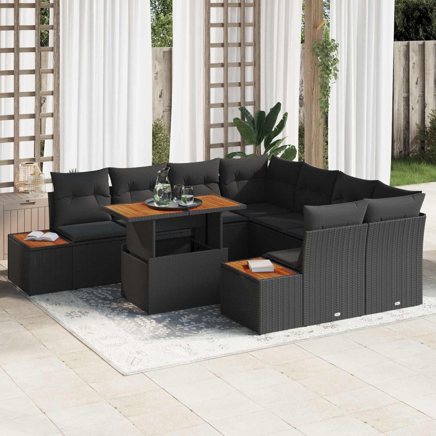 Garten-Sofa-Set 9 stk. Schwarz Poly Rattan