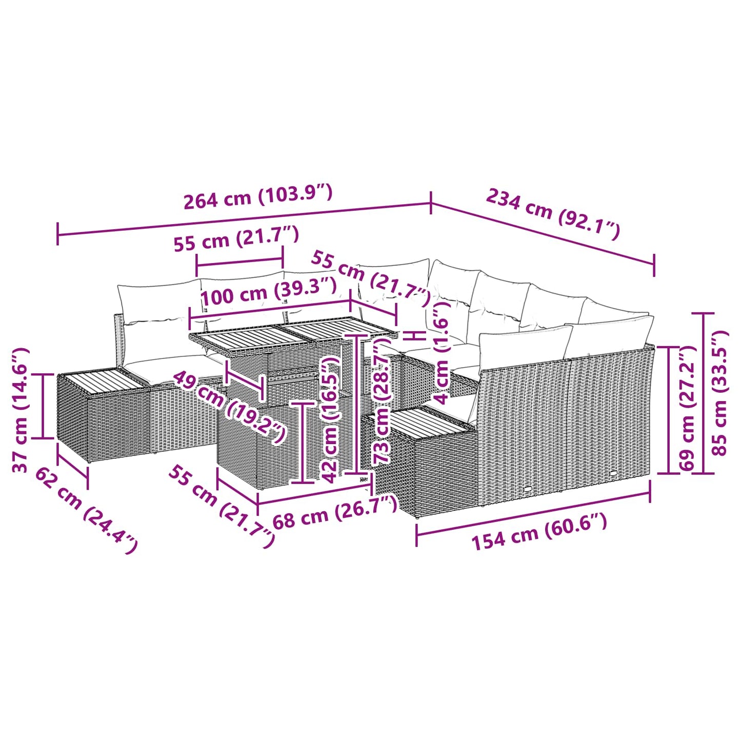 Garten-Sofa-Set 9 stk. Schwarz Poly Rattan