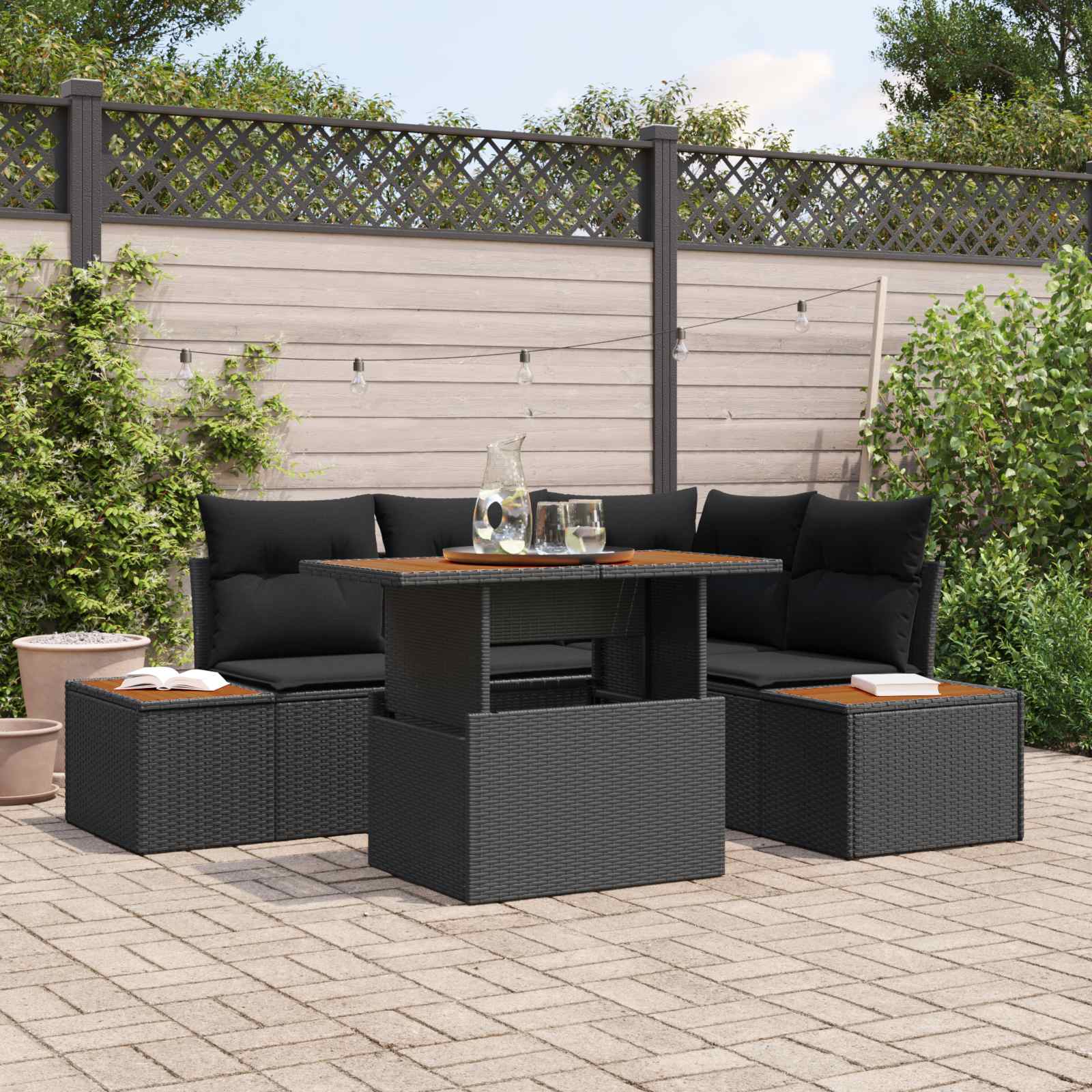 Garten-Sofa-Set mit Speicher 5 pcs Schwarz Poly Rattan
