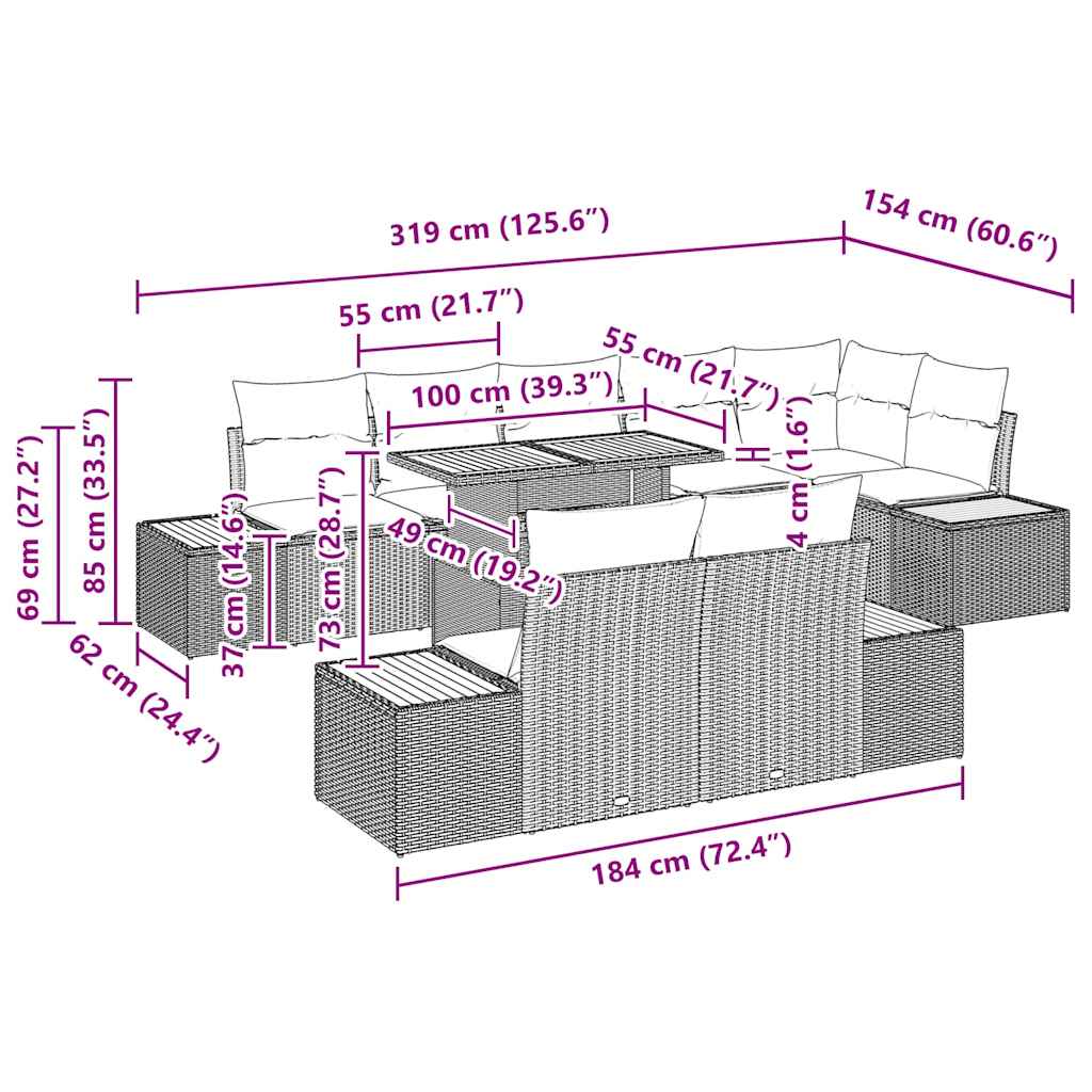 Garten-Sofa-Set mit Speicher 9 pcs Grau Poly Rattan