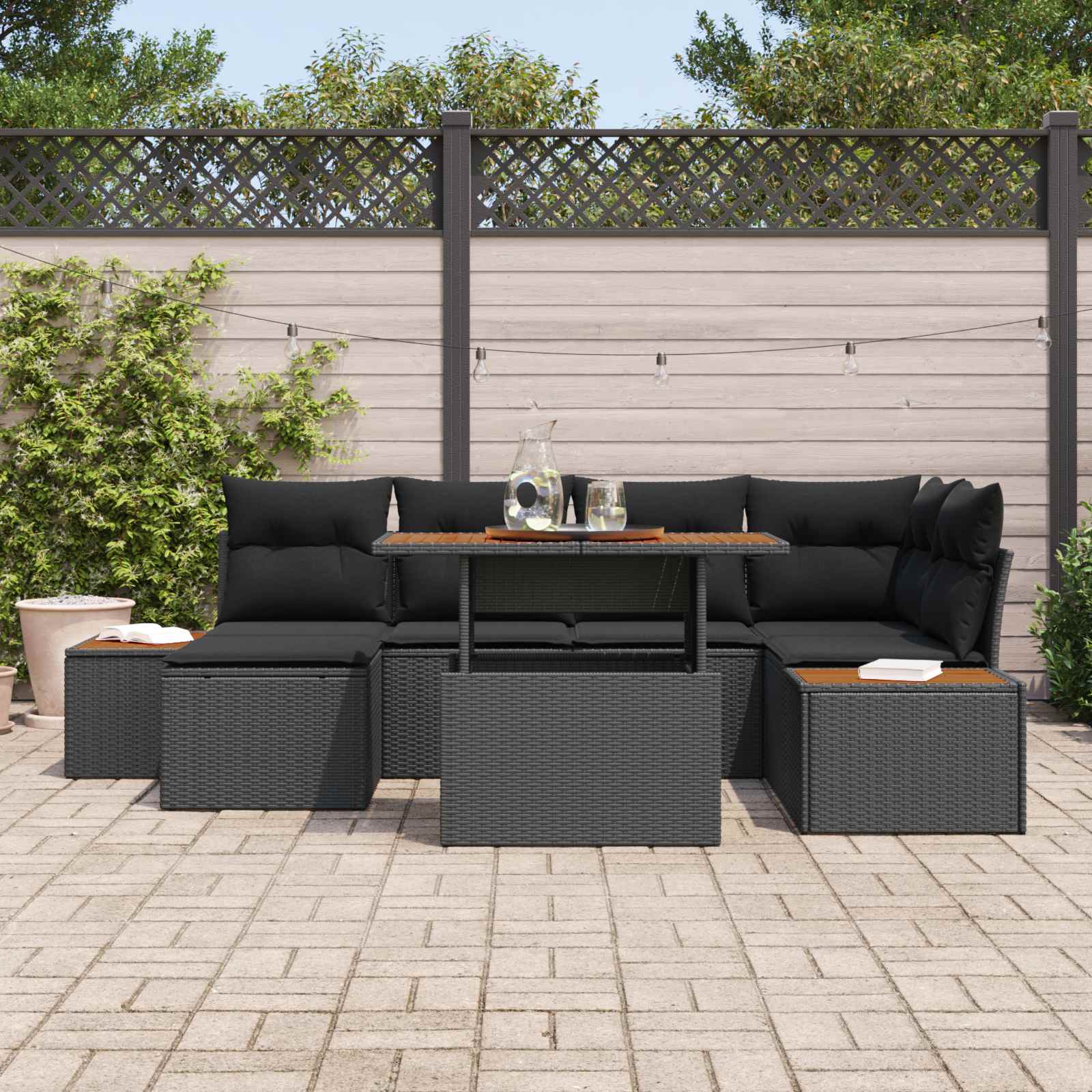 Garten-Sofa-Set 7 stk. Schwarz Poly Rattan