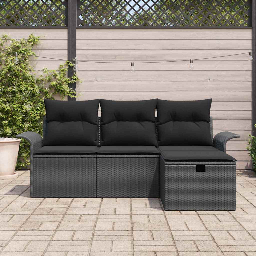 Gartensofa-set mit Kissen 4 pcs Schwarz Poly-Rattan
