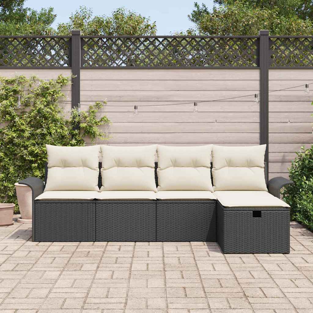 Gartensofa-set mit Kissen 5 pcs Schwarz und Creme Poly-Rattan