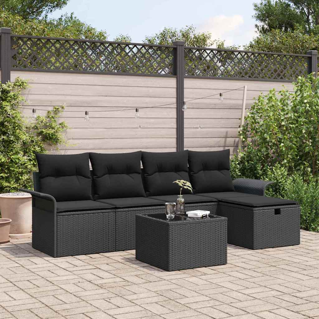 Gartensofa-set mit Kissen 6 pcs Schwarz Poly-Rattan