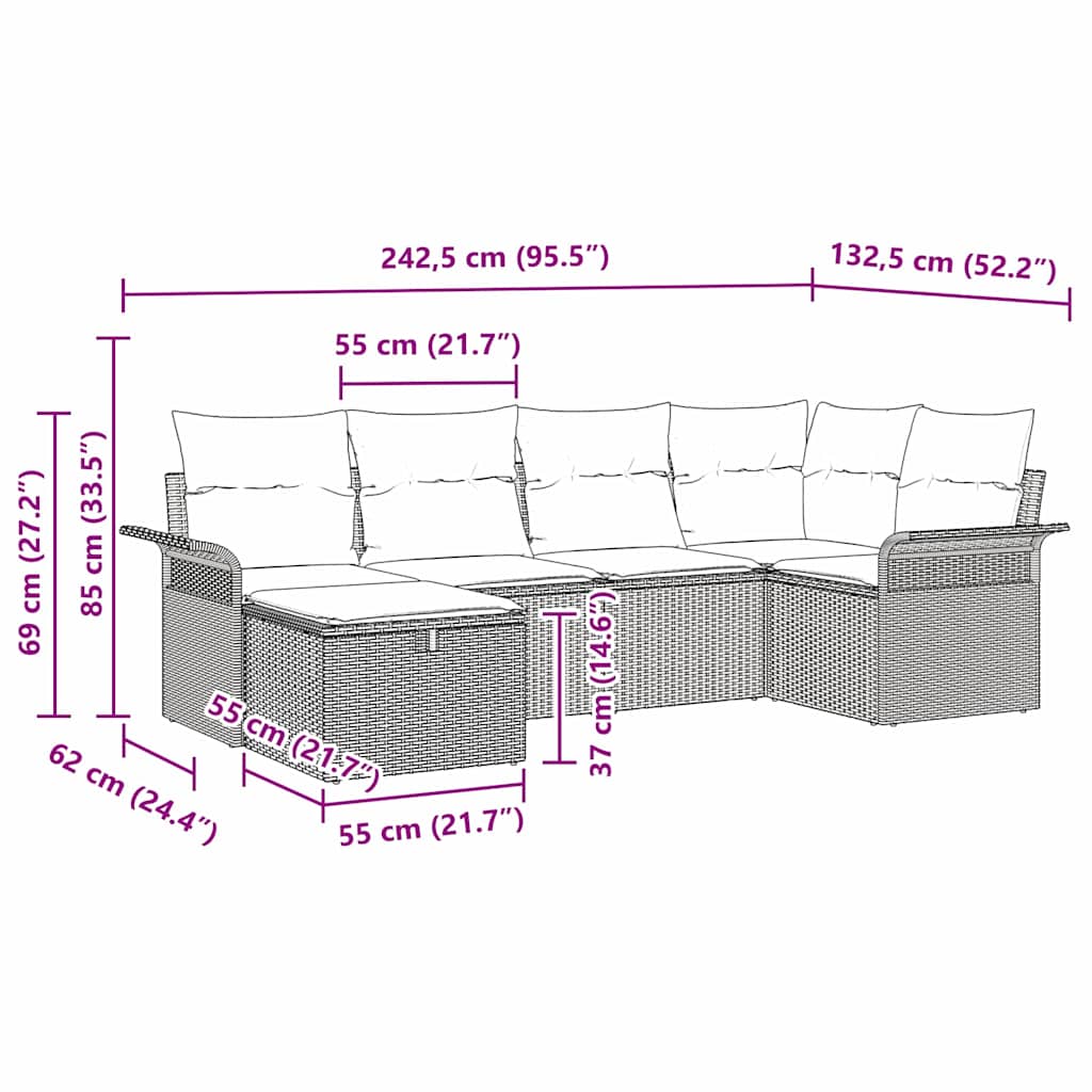Gartensofa-set 6 stk. Schwarz Poly-Rattan