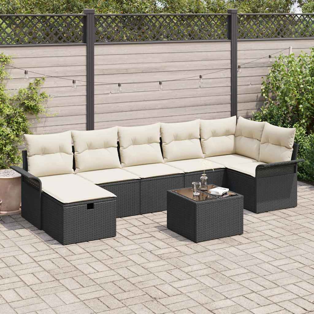 Gartensofa-set mit Kissen 8 pcs Schwarz und Creme Poly-Rattan
