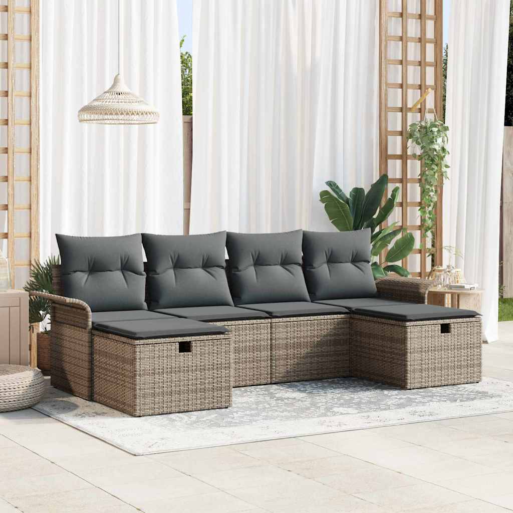 Gartensofa-set mit Kissen mit Speicher 6 pcs Grau Poly-Rattan