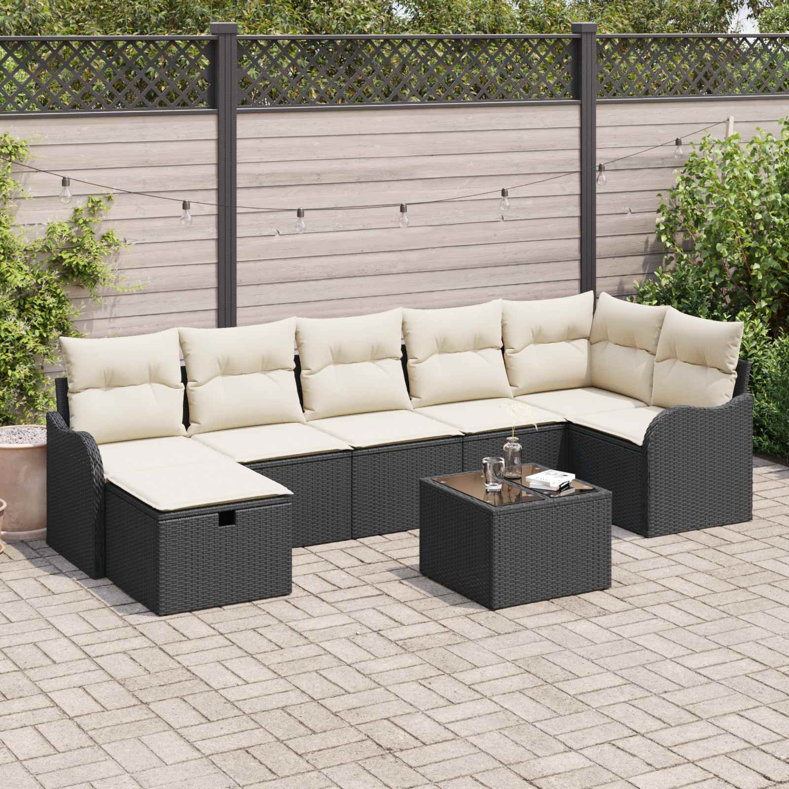 Sofa Set mit Kissen 8 pcs Schwarz und Creme Poly-Rattan