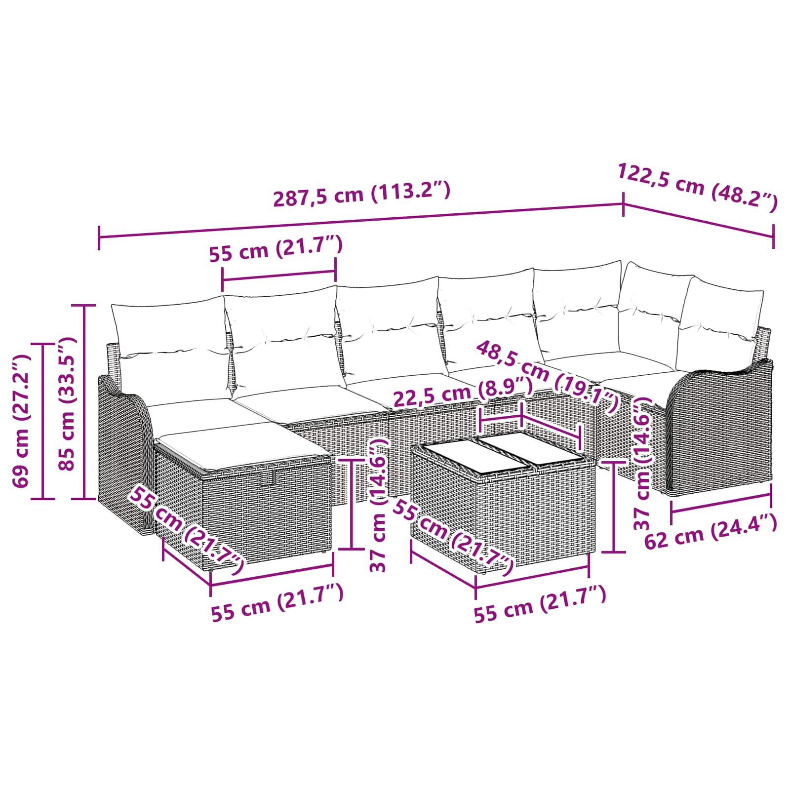 Sofa Set mit Kissen 8 pcs Schwarz und Creme Poly-Rattan
