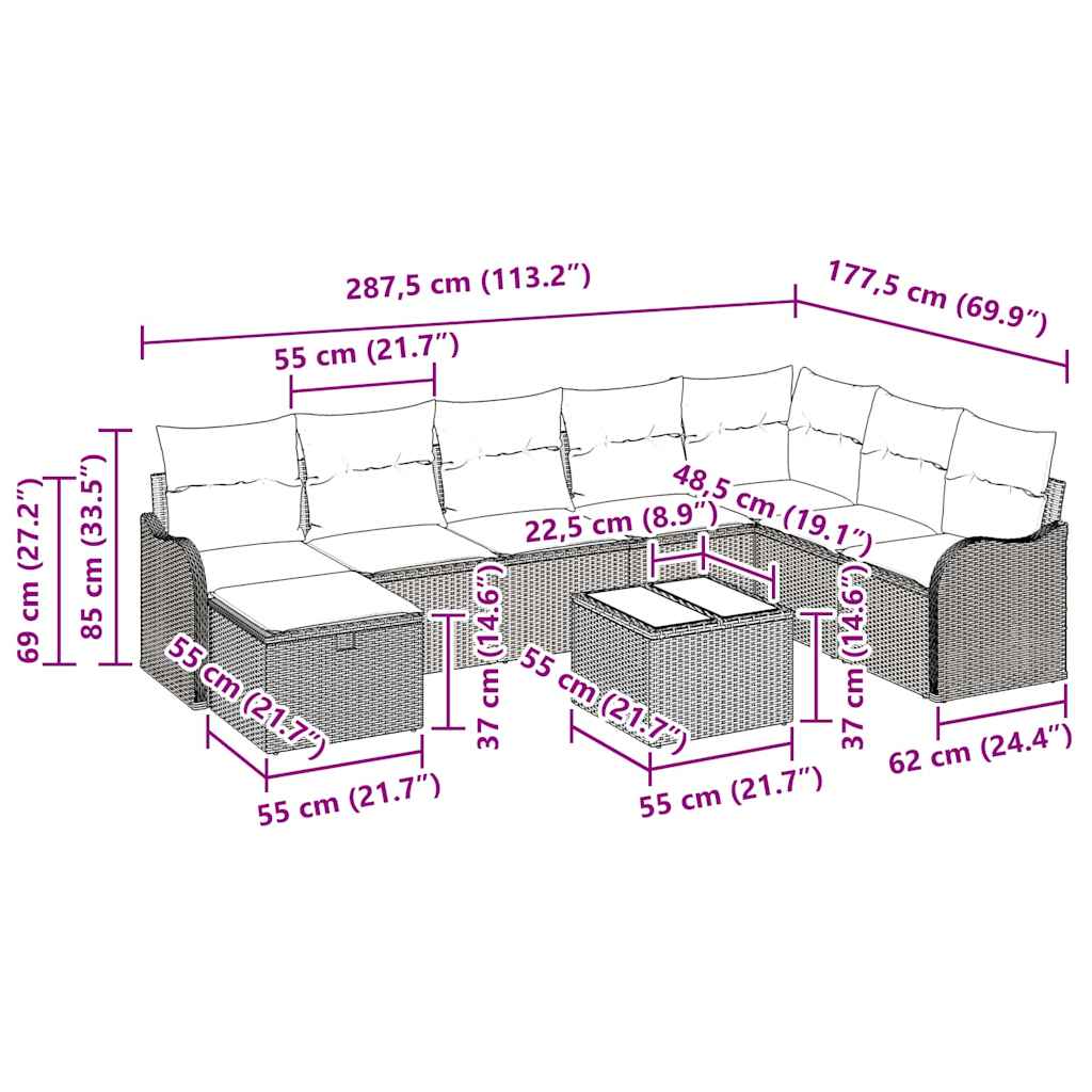 Sofa Set mit Kissen 9 pcs Beige und Creme Poly-Rattan