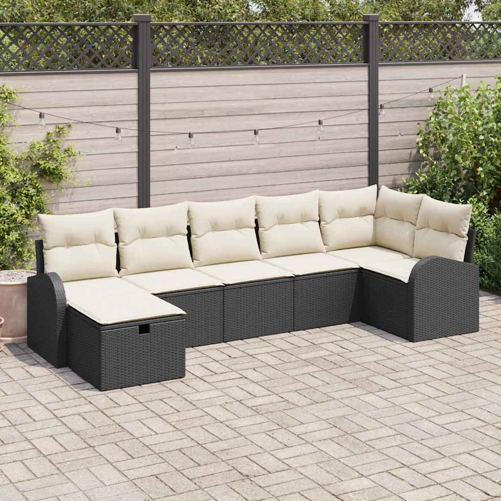 Sofa Set mit Kissen 7 pcs Schwarz und Creme Poly-Rattan