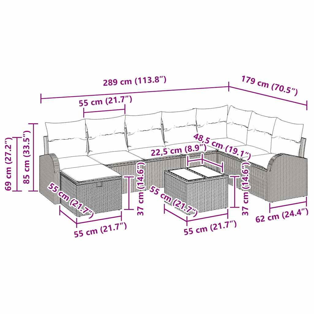 Sofa Set mit Kissen mit Speicher 9 pcs Schwarz Poly-Rattan