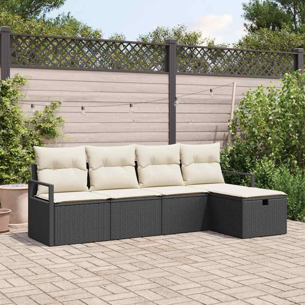 Sofa Set mit Kissen 5 pcs Schwarz und Creme Poly-Rattan