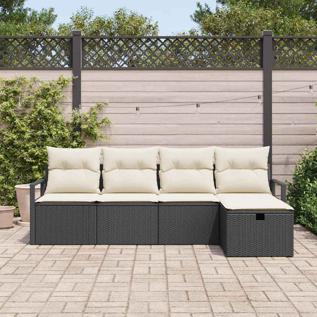 Sofa Set mit Kissen 5 pcs Schwarz und Creme Poly-Rattan