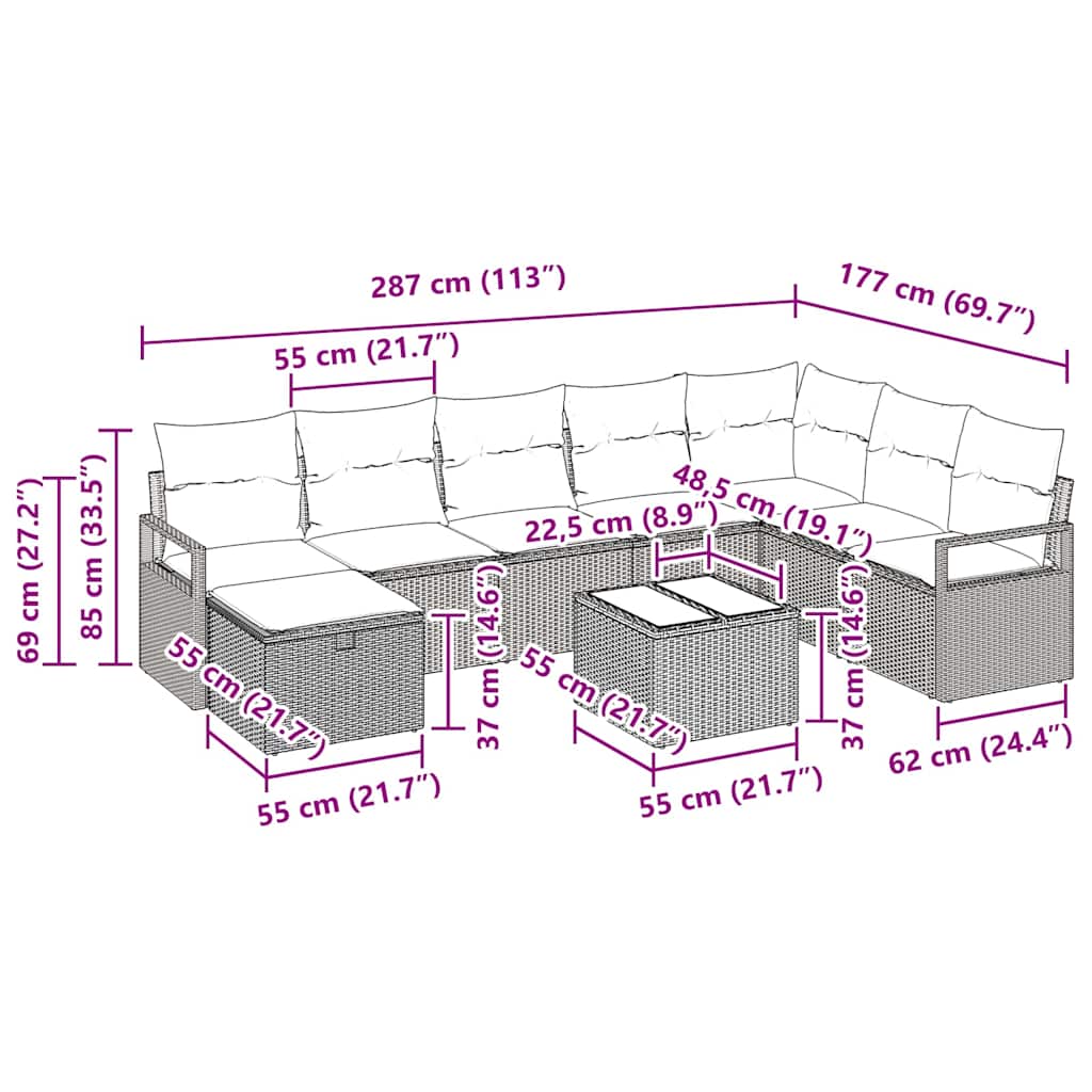 Sofa Set mit Kissen 9 pcs Beige und Creme Poly-Rattan