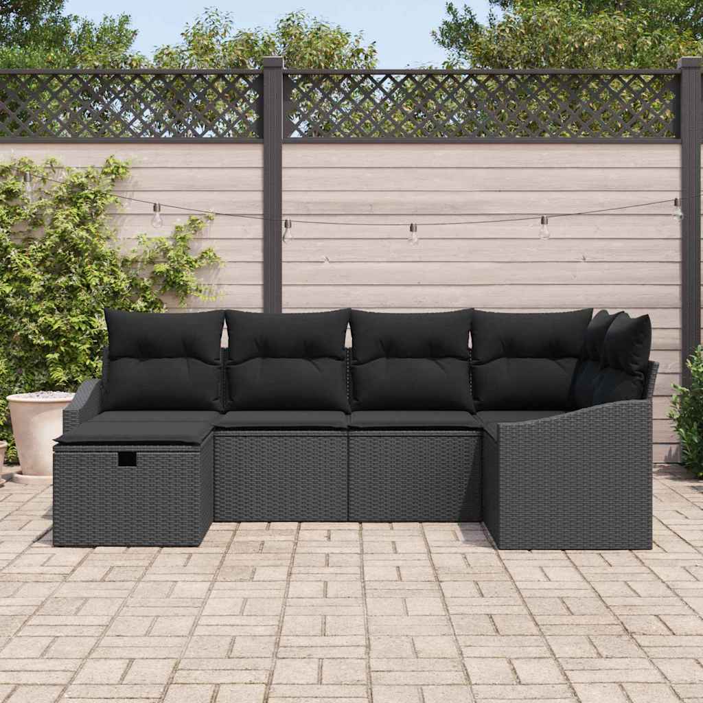 Sofa Set mit Kissen mit Speicher 6 pcs Schwarz Poly-Rattan