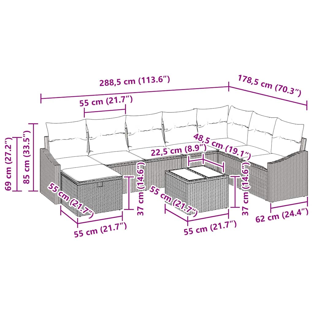 Gartensofa-set 9 stk. Poly-Rattan
