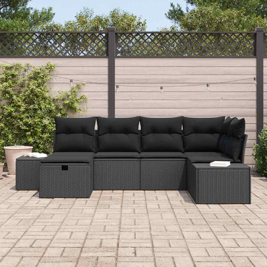 Gartensofa-set mit Kissen 6 pcs Schwarz Poly-Rattan