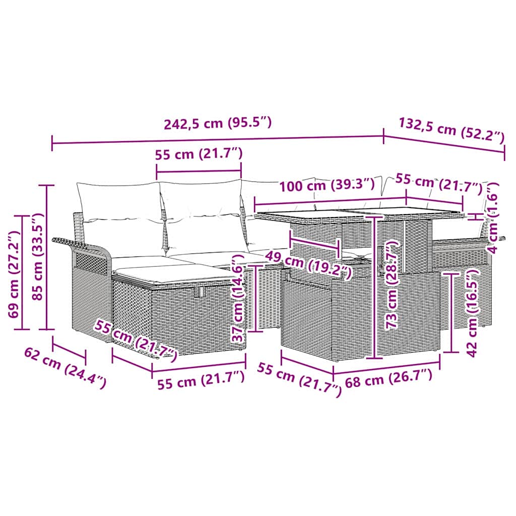 Gartensofa-set 7 stk. Schwarz Poly-Rattan