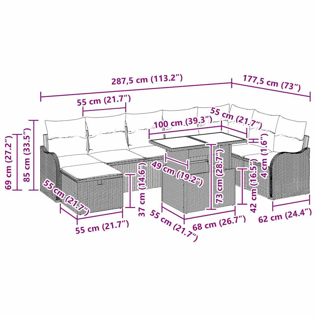 Gartensofa-set 9 stk. Schwarz Poly-Rattan