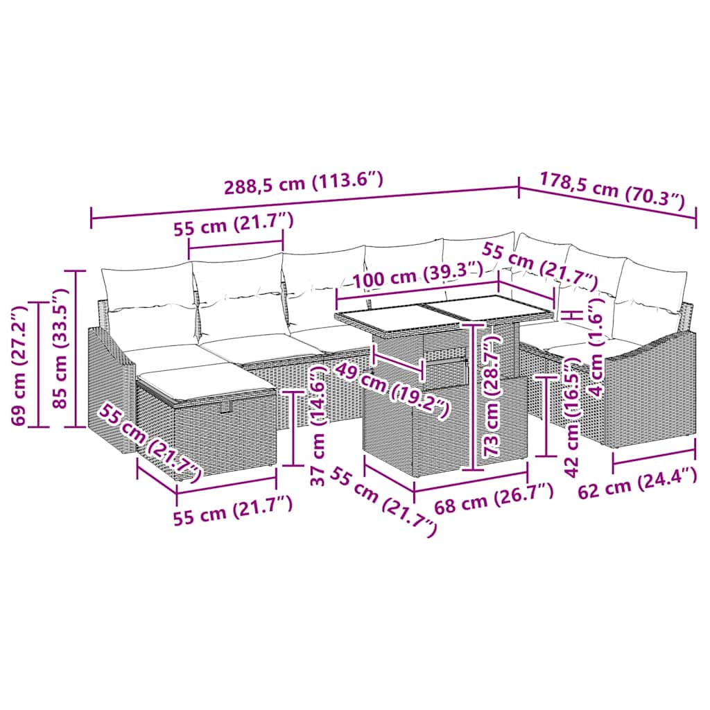 Gartensofa-set 9 stk. Poly-Rattan