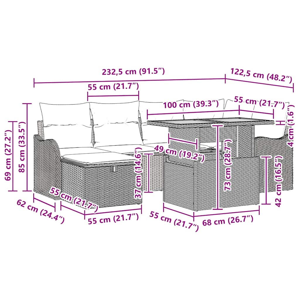 Gartensofa-set mit Kissen 7 pcs Schwarz Poly-Rattan