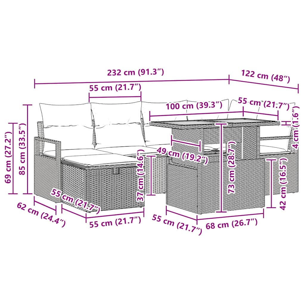 Gartensofa-set mit Kissen 7 pcs Schwarz Poly-Rattan