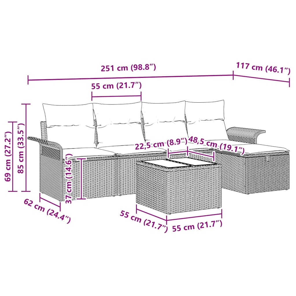 Gartensofa-set 6 stk. Poly Rattan