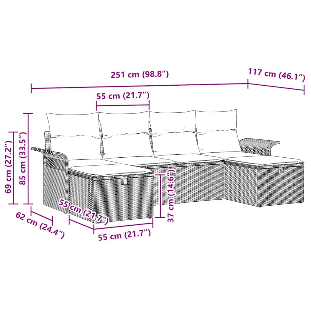 Gartensofa-set 6 stk. Poly Rattan