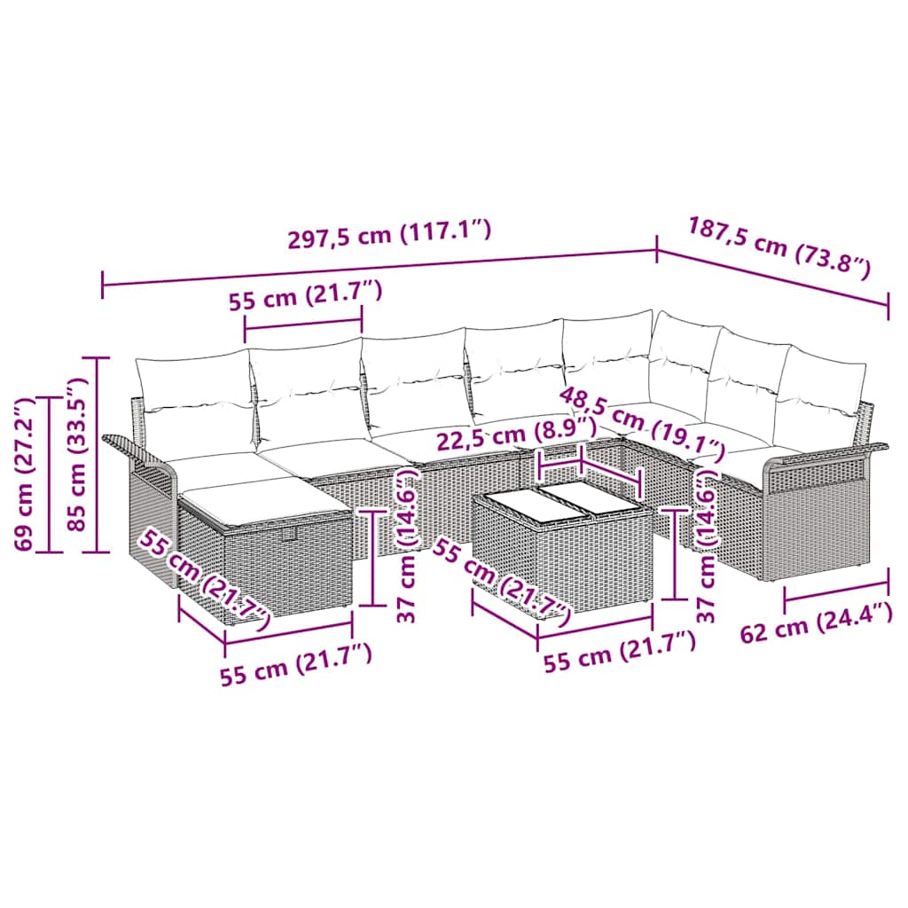 Gartensofa-set 9 stk. Poly Rattan