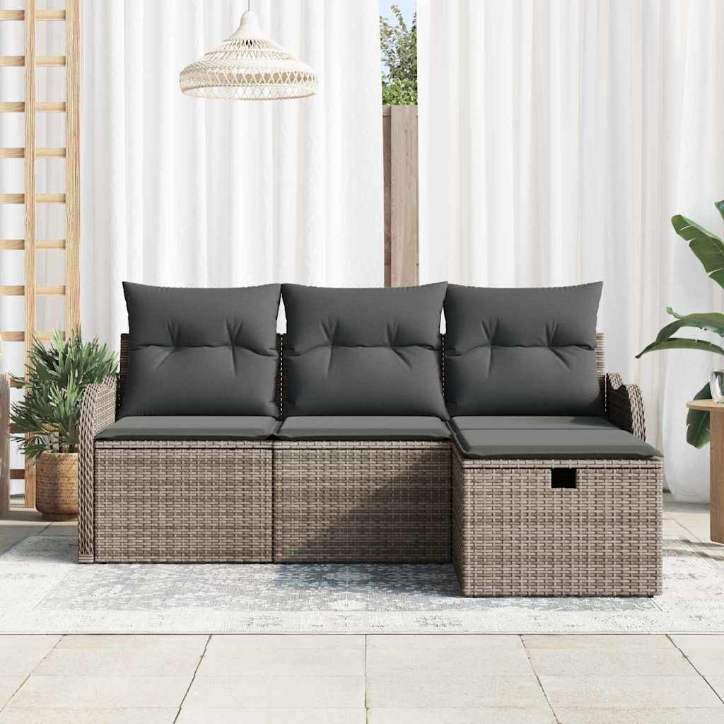 Garten-Sofa-Set mit Kissen mit Speicher 4 pcs Grau Poly Rattan