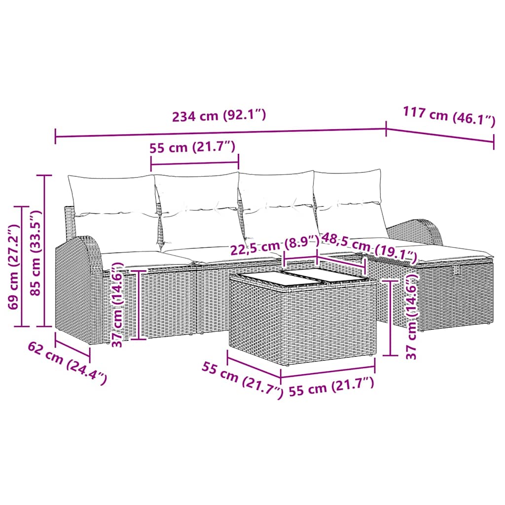 Gartensofa-set 6 stk. Grau Poly-Rattan