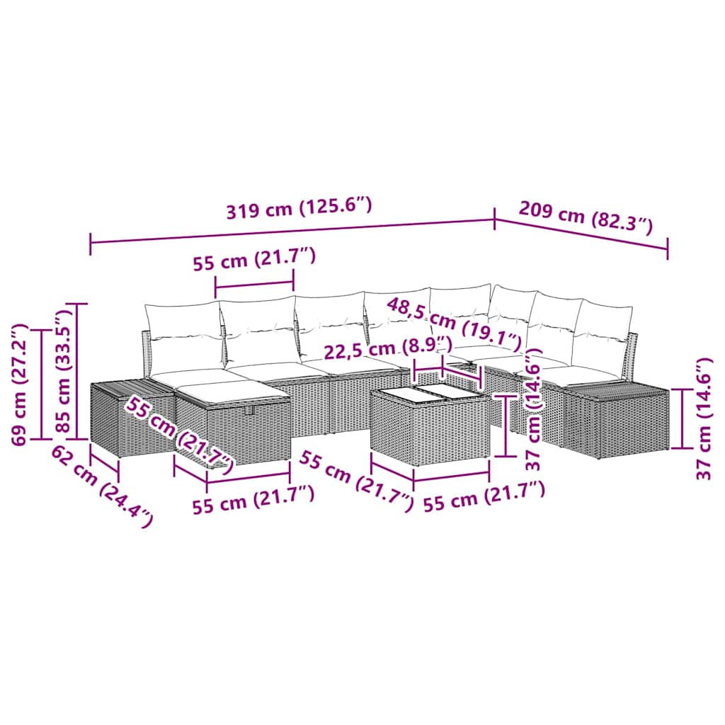 Gartensofa-set 9 stk. Grau Poly-Rattan