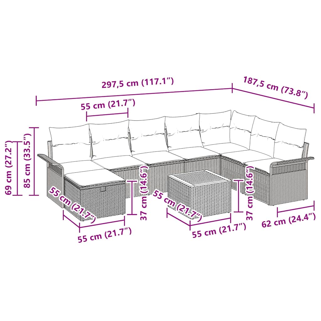 Gartensofa-set 9 stk. Grau Poly Rattan
