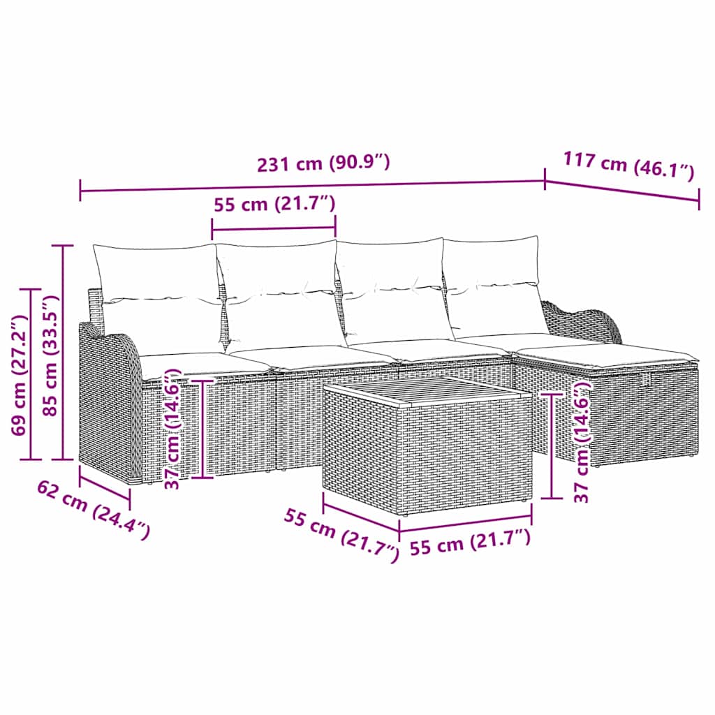 Gartensofa-set 6 stk. Beige Poly Rattan