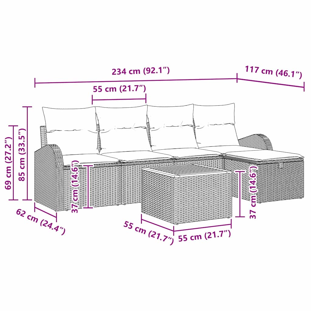 Gartensofa-set 6 stk. Beige Poly Rattan