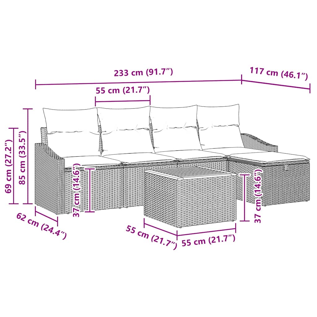 Gartensofa-set 6 stk. Beige Poly Rattan