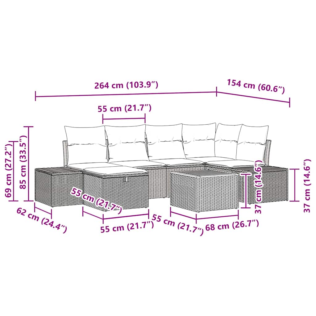 Gartensofa-set 7 stk. Schwarz Poly Rattan