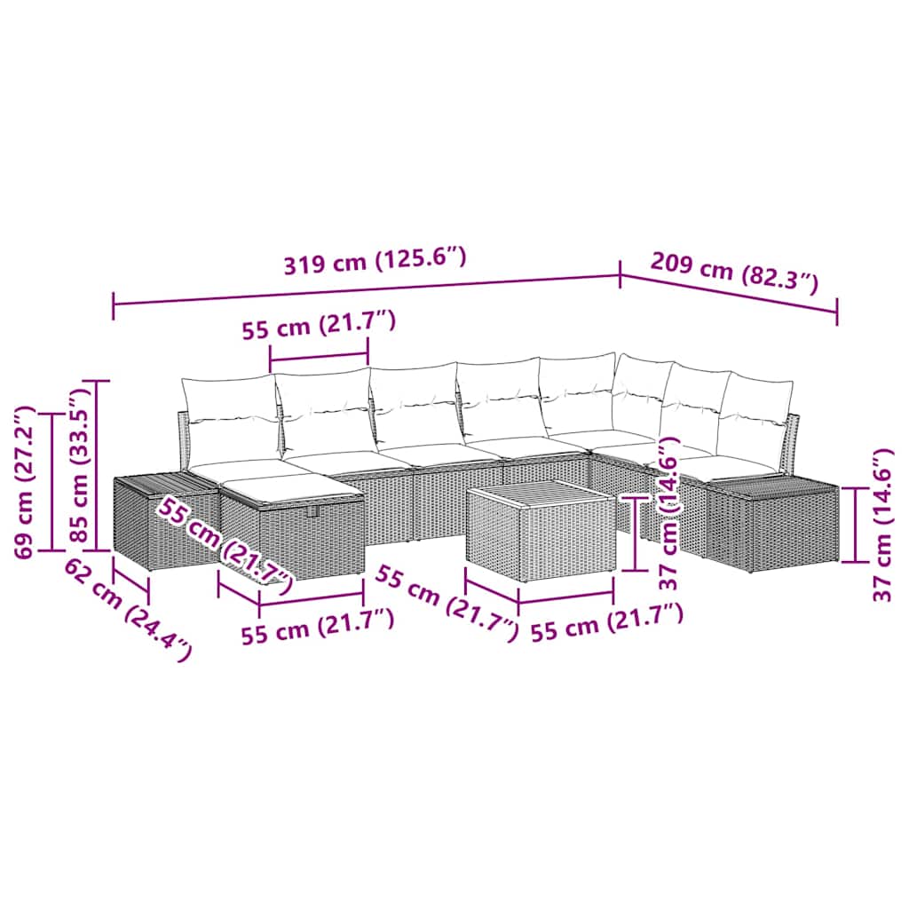 Gartensofa-set 9 stk. Schwarz Poly Rattan