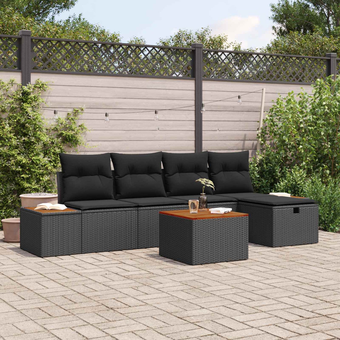 Garten-Sofa-Set mit Kissen 6 pcs Schwarz Poly Rattan
