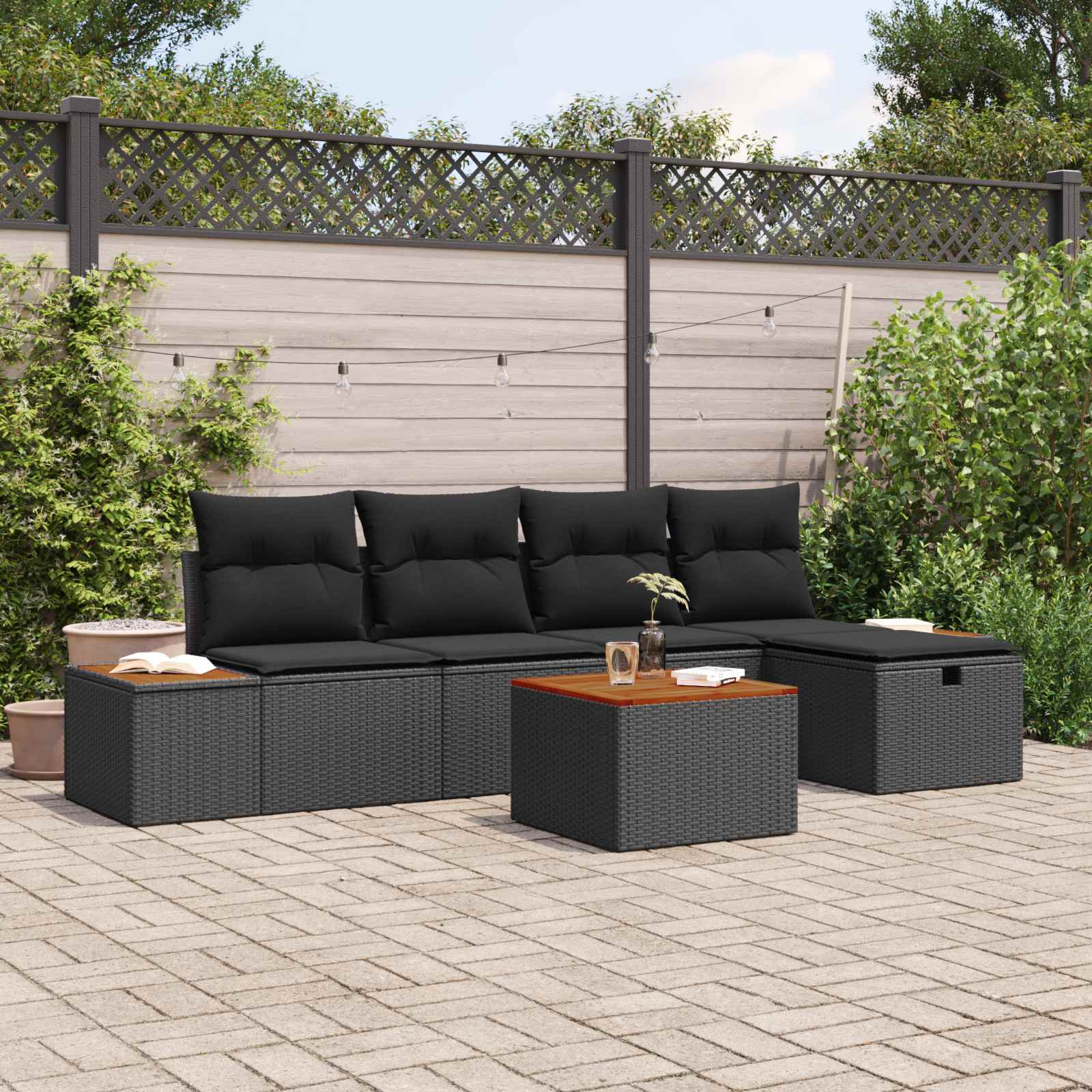 Garten-Sofa-Set mit Kissen 6 pcs Schwarz Poly Rattan