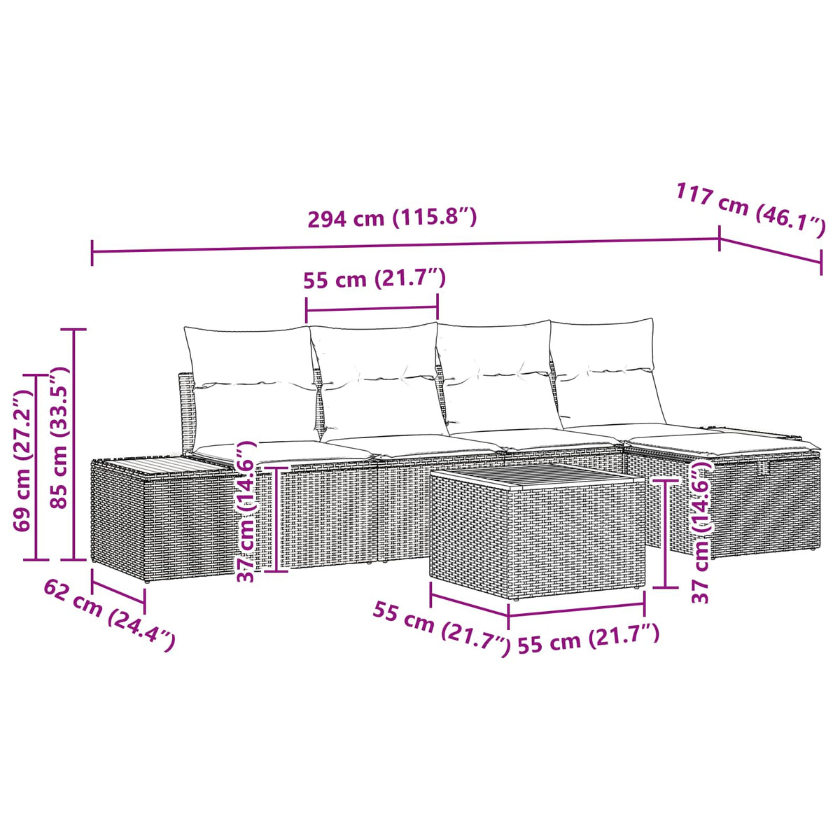 Gartensofa-set 6 stk. Schwarz Poly-Rattan