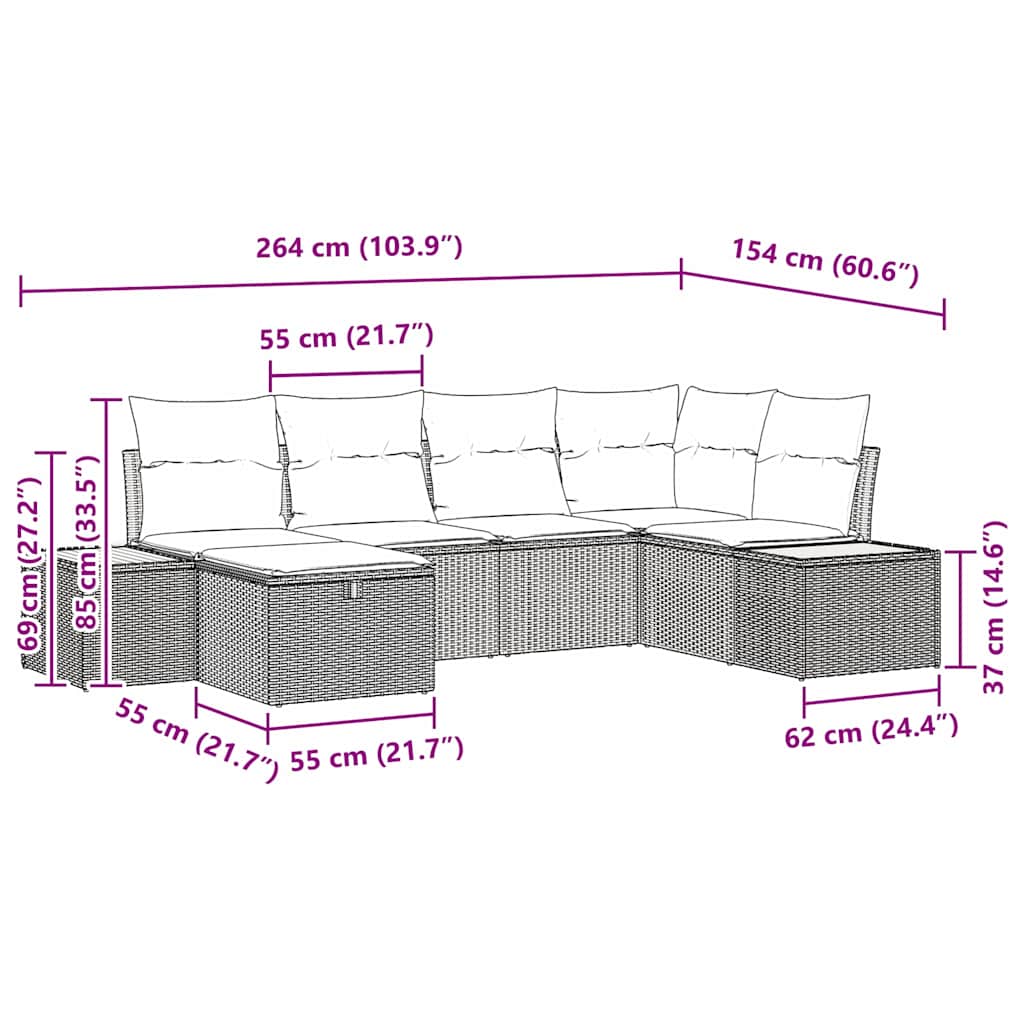 Garten-Sofa-Set mit Kissen 6 pcs Beige Poly Rattan