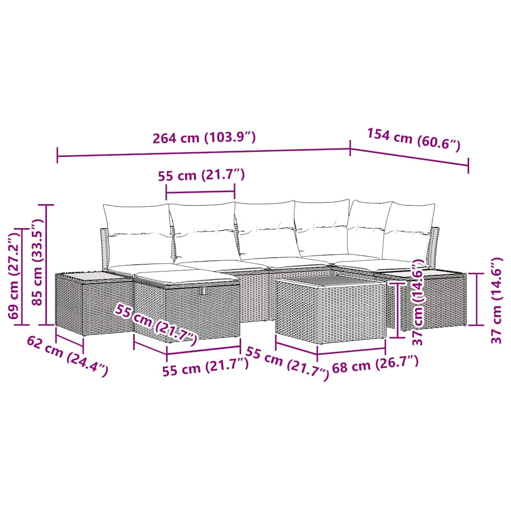 Gartensofa-set 7 stk. Grau Poly-Rattan