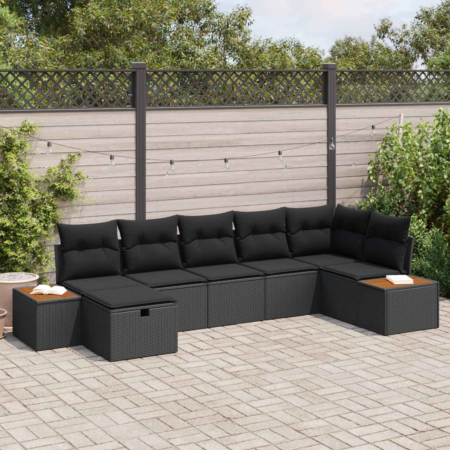 Garten-Sofa-Set mit Kissen 7 pcs Schwarz Poly Rattan